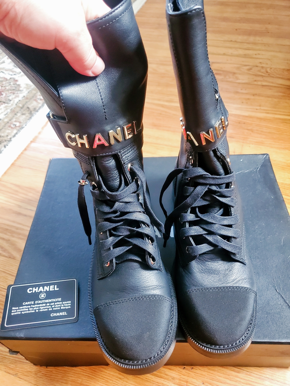 CHANEL Black Combat Lace-Up Boots with Gold Logo